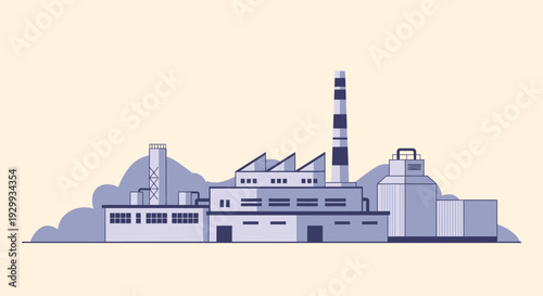 Industrial factory building with smokestacks and production facilities.