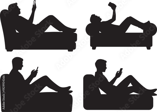 Person Lying on Couch Using Smartphone – Black and White Silhouette Vector Illustration