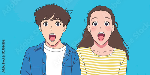 Two friends show excitement with open mouths and bright expressions while standing together in front of a blue backdrop.