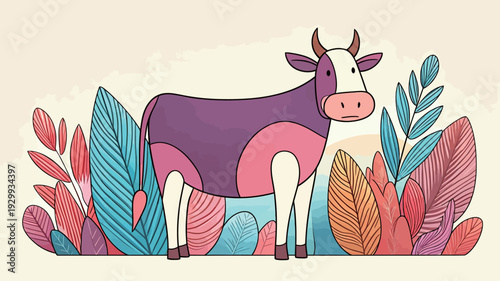 A cartoon cow with purple and pink spots stands beside colorful, stylized leaves in a playful setting. The backdrop is bright and fun.