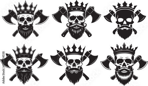 Bearded Skull with Crown and Crossed Axes – Black and White Silhouette Vector Illustration