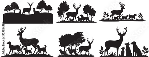 Set of Deer and Three Dogs Walking in Grassy Field with Trees – Black and White Silhouette Vector Illustration