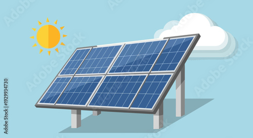 Solar panel installation with sun and cloud in the background.