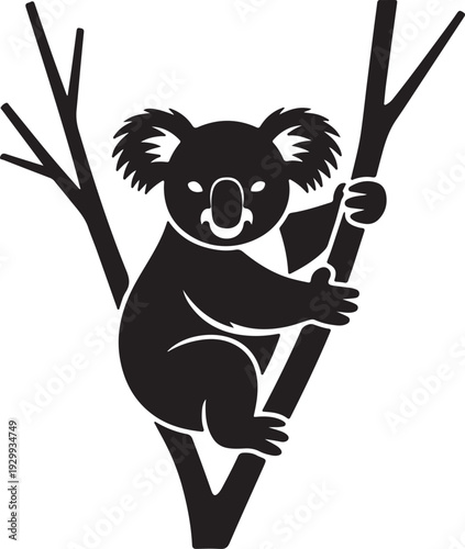 Smiling Koala Clinging to Tree Branches – Black and White Silhouette Vector Illustration