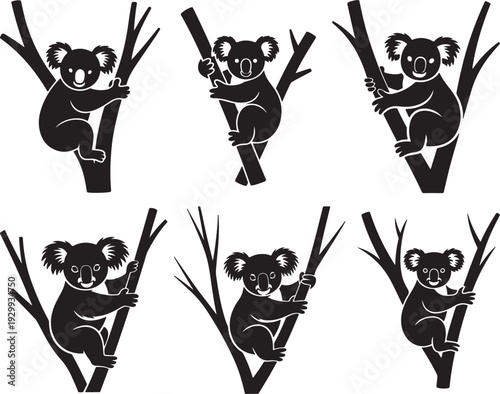 set of Smiling Koala Clinging to Tree Branches – Black and White Silhouette Vector Illustration
