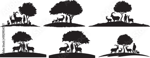 set of Ibex Family and Person Under Tree on Grassy Hill – Black and White Silhouette Vector Illustration