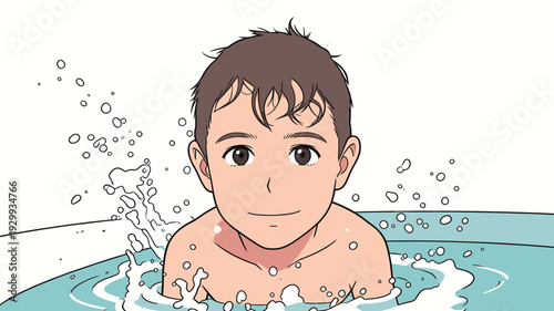 A child swims and splashes in a pool with water splashing around his face and a smile on his face during summer fun.