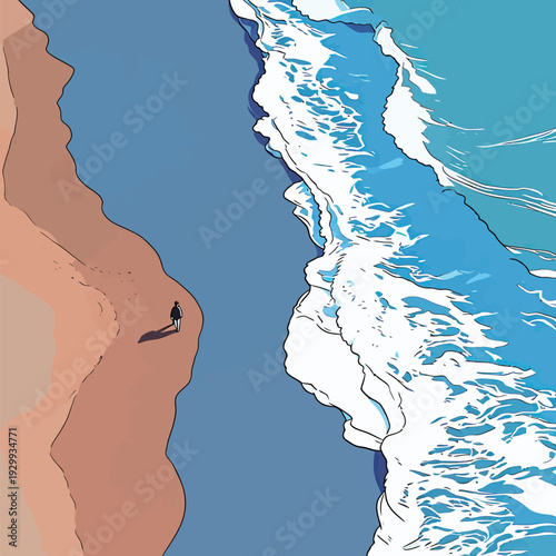 A person is walking on the sand next to the ocean. Waves are crashing along the beach. The sun is shining in the sky.