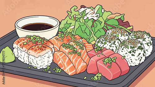 Sushi is arranged on a black tray. The platter includes salmon, tuna, rice balls, and a salad on the side. Soy sauce is present.