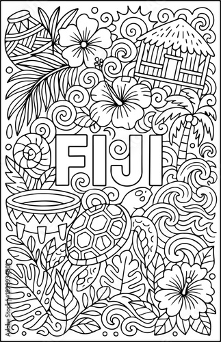 Fiji hand drawn vector illustration doodle art line art coloring page for kids