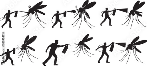 Set of Person Spraying Giant Mosquito with Insecticide – Dramatic Black and White Silhouette Vector Illustration