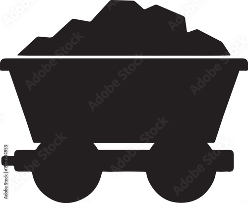 Mine Cart Filled with Coal – Black and White Silhouette Vector Illustration