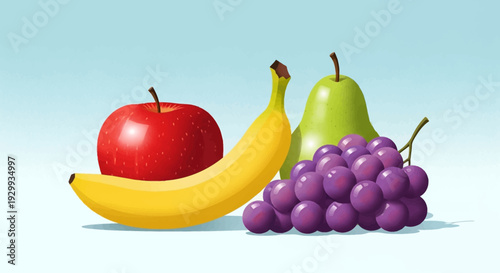 Assorted fresh fruits including apple banana grapes and pear.