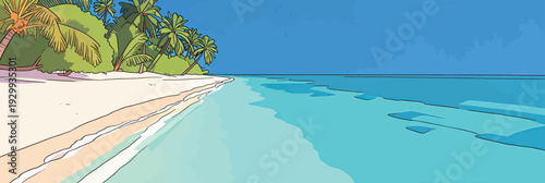 A beach scene with clear blue water and soft sand. Palm trees line the shore while the sun shines brightly overhead.