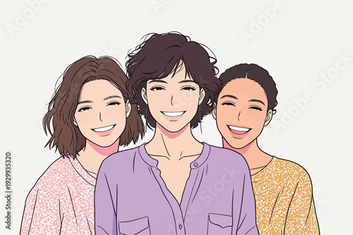 Three people stand close and smile at each other during a friendly meeting. Their happy faces show joy and connection while they enjoy their time.