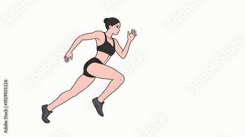 A woman runs with determination in sports gear. She is focused on her movement and speed.