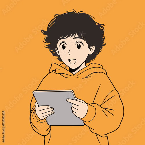 A boy with curly hair is holding a tablet and smiling in a room with an orange wall. He appears happy while engaging with the device.