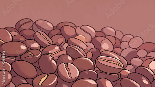 Many roasted coffee beans are scattered on a plain surface in a warm indoor space during daylight hours.