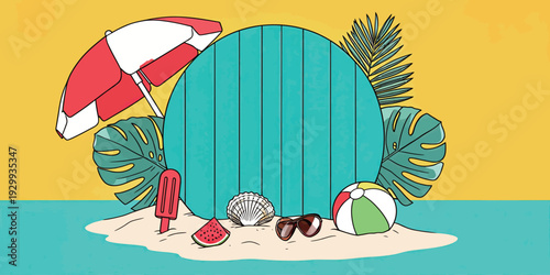 Bright background features a beach setting with an umbrella, surfboard, sunglasses, and tropical items like fruit and shells.