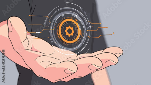 A hand holds a rotating gear symbol with lines of technology. The background is simple and gray. The focus is on the gear above the hand.