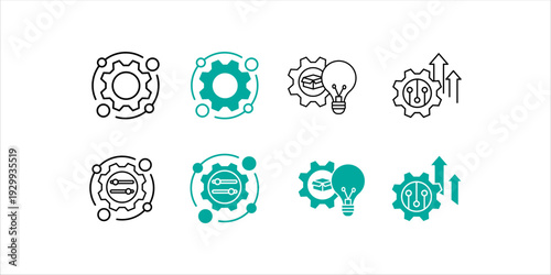 Clean outline icon pack illustrating business growth, innovation, process optimization, and system workflow. Features modern linear design with green highlights, ideal for dashboards, fintech apps, st