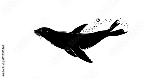 Black silhouette of a seal swimming underwater with bubbles, white background