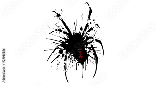 Abstract Black Spider Ink Splatter Silhouette with Red Hourglass Symbol
