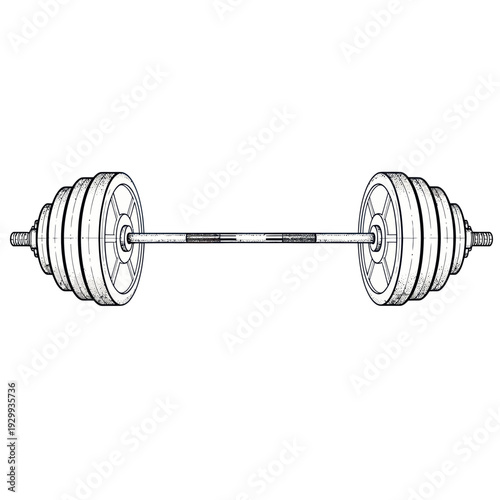 Barbell with weight plates, sketch style, fitness equipment