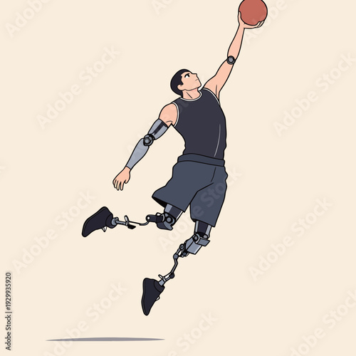 A basketball player with prosthetic legs jumps high to make a slam dunk. The scene shows the player focused during the game.
