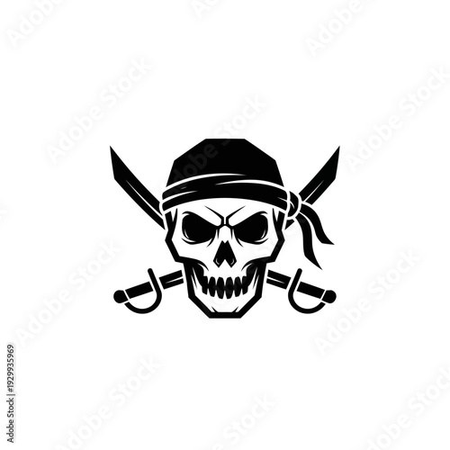 Pirate skull with crossed swords and bandana on white background.
