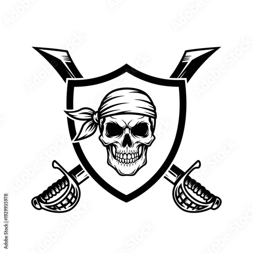Pirate emblem with skull and crossed swords on shield.
