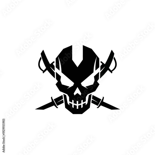 Black skull with crossed swords and menacing expression.