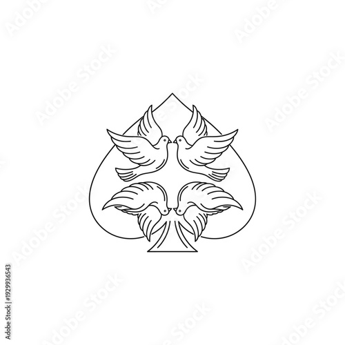 Simple line art illustration of two birds facing each other surrounded by leaves.
