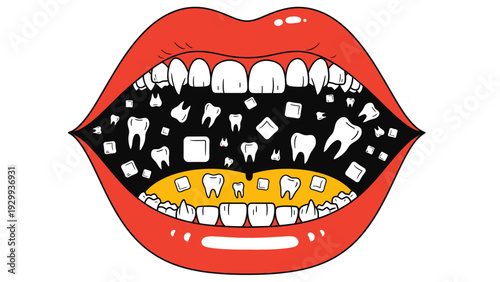 Cartoon Mouth with Teeth and Dental Symbols.