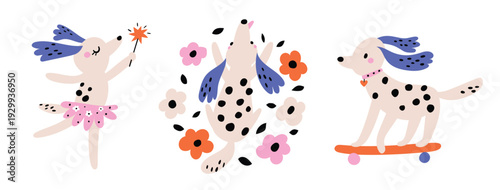 Cute Dog Set – Ballet Fairy, Flowers and Skateboard Illustration