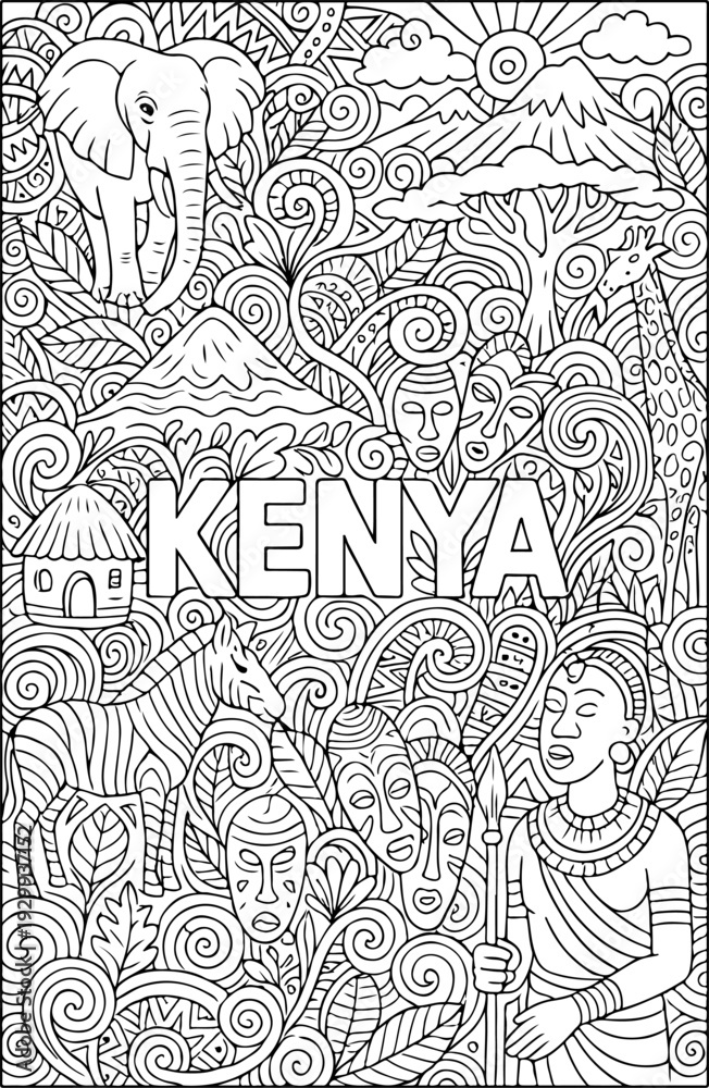 Naklejka premium Kenya hand drawn vector illustration doodle art line art coloring page for kids