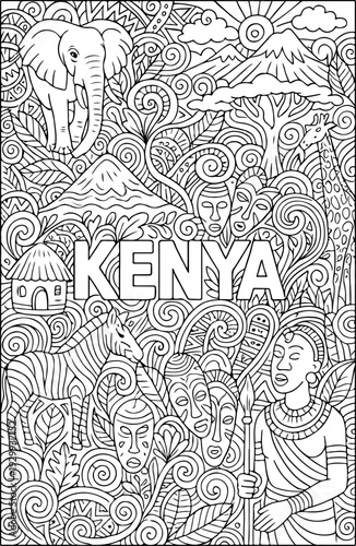 Kenya hand drawn vector illustration doodle art line art coloring page for kids
