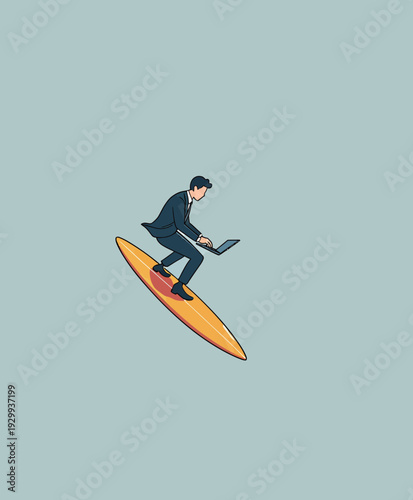 A man in a suit is surfing on a surfboard while working on a laptop, showing a mix of work and play in this fun scene.