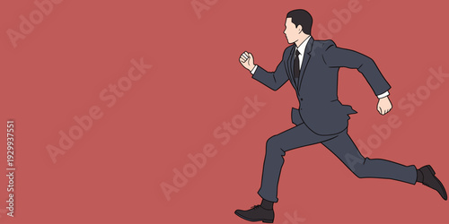 A businessman in a suit runs fast on a red background, suggesting he is in a hurry and focused on his tasks for the day.
