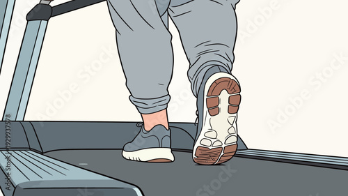 A person walks on a treadmill in a gym. It is early morning and they are focused on their workout routine.