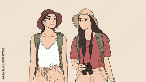 Two friends are walking together in nature, wearing hats and carrying backpacks, ready for an outdoor adventure.