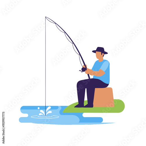 Fisherman in a Hat Casting a Fishing Rod by Calm Water