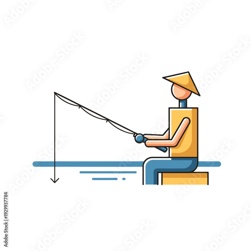 Fishing Person with Conical Hat Enjoying Calm Outdoor Recreation