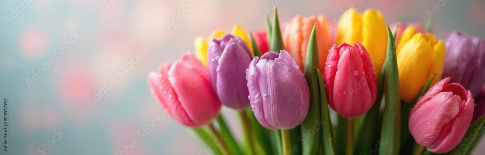 Naklejka premium Bright bouquet of fresh tulips with water droplets. Vibrant colors, wet petals, and green stems. Perfect for spring themes, floral arrangements and celebrations.