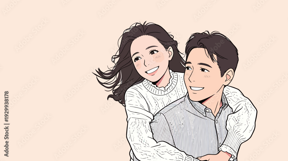 Obraz premium A man and woman are smiling and enjoying a playful moment together. Their happiness shows a strong bond between them.