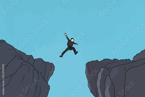 A person in dark clothes leaps from one rock cliff to another against a blue sky. The scene shows an adventurous act outdoors.