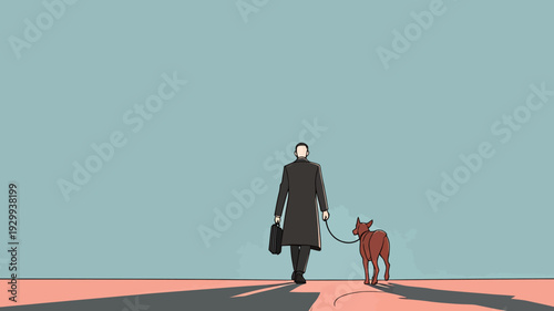 A man walks a dog along a path during sunset with a clear sky. The man carries a briefcase while the dog follows closely.