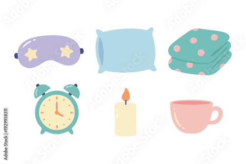 Sleep Routine and Bedtime Accessories Flat Vector Illustration Clipart Set