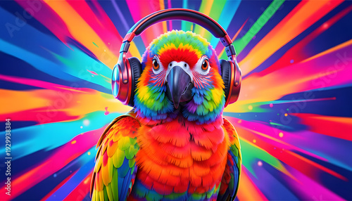 Colorful Parrot Wearing Stylish Headphones on Vibrant Glowing Rainbow Splash Background