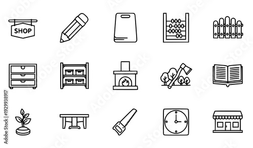 Minimal Thin Line Lifestyle and Furniture Vector Icon Set with Shop Signboard Abacus Axe Fireplace and Trees
